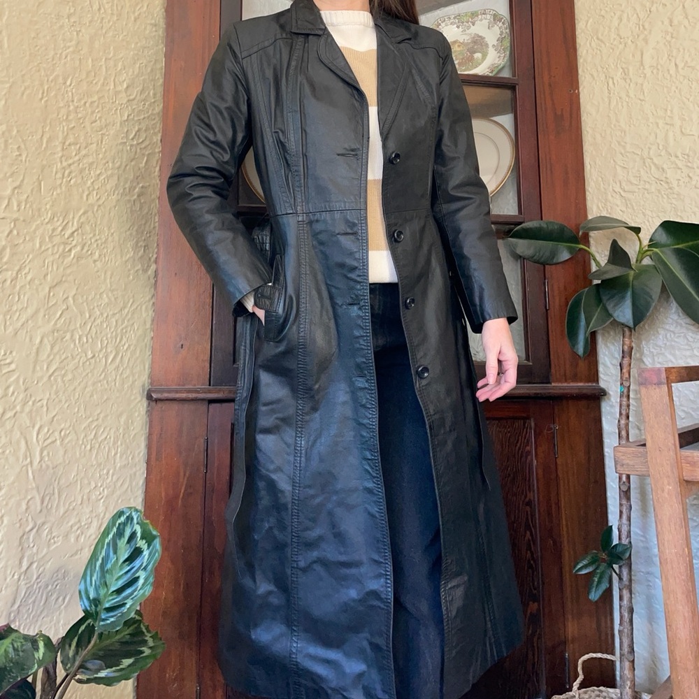 Vintage 80s leather duster trench coat Split Ends Ltd. Black coat jacket - Picture 4 of 13